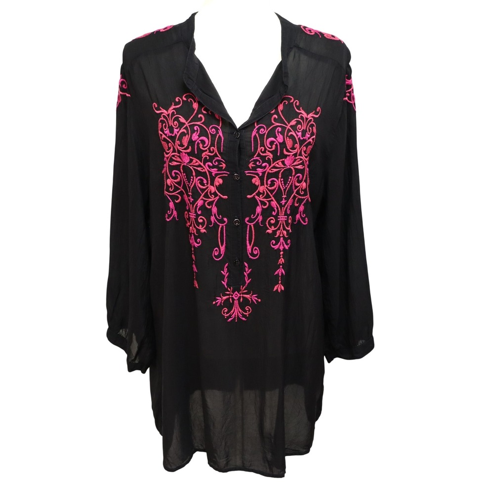 Johnny Was Embroidered Tunic Blouse XL Black Pink Sheer Cupra Rayon Peasant Boho